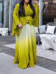 Conjunto de dos piezas para mujer: top asimétrico con pliegues y nudo, junto a falda degradada - amarillo verdoso - Ver 2