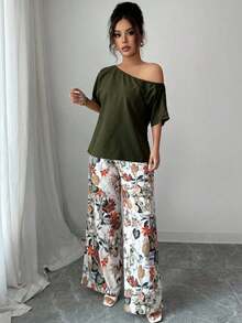2 piezas Conjunto de top asimétrico de cuello sólido y pantalones con estampado tropical, estilo casual de vacaciones - Verde militar - Ver 8