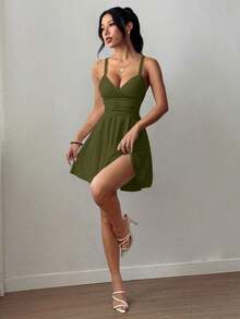 Vestido corto de punto sexy y elegante con escote en V, cintura fruncida y tirantes finos para mujer - Verde militar - Ver 4