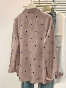 Camisa polo de manga larga con bolsillo y estampado de corazón de unicolor básico casual para mujer, adecuada para uso diario en , verano y otoño - Café integral - Ver 8