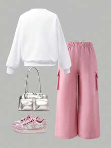 Tween Girl Cartoon Print Warm Crew Neck Sweatshirt And Cargo Pants - White - View 3