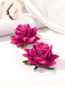 2pcs 6.5cm/2.55inch Velvet Rose Flower Hair Clips, Suitable For Daily Wear - Hot Pink - View 3
