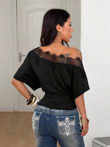 Camiseta esencial de uso diario con cuello asimétrico y cintura ceñida, apta para todo el año, para conciertos y raves con estilo Y2K para mujeres - Negro - Ver 5