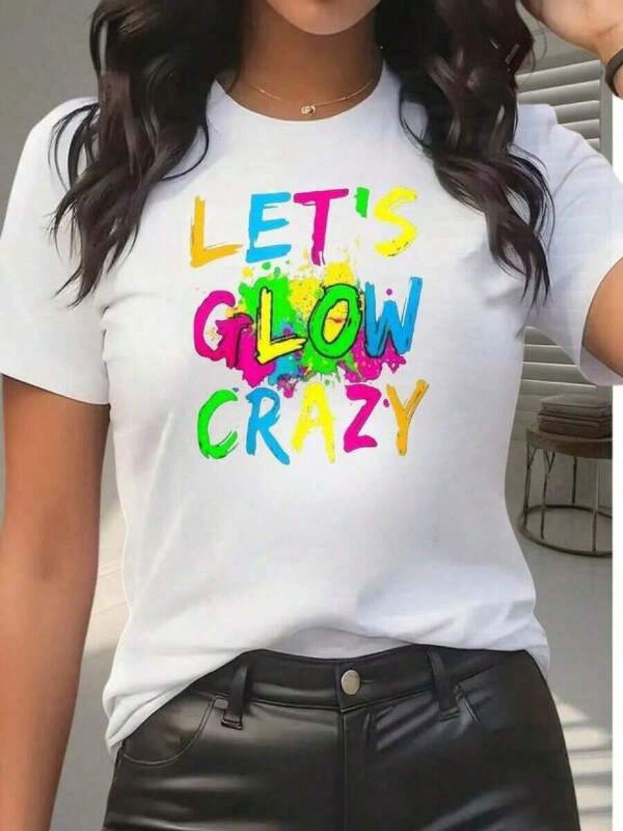 Camiseta Casual para Mujer con Estampado Neón 'Let's Glow Crazy', Ropa de Fiesta de Verano, Regalo para Amigos y Familiares, 220g - Blanco - Ver 1