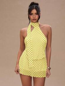 Vestido corto de verano con escote halter y espalda descubierta, con estampado de lunares sexy para mujer - Amarillo - Ver 8