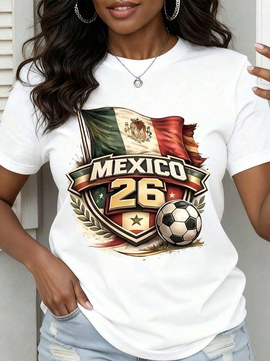 1 Piece Women's Crew Neck T-Shirt With Mexican Flag Print And Number 26, Casual Sporty Style For Football Fans And Everyday Wear, 180g 100% Cotton - 白色 - 查看 1