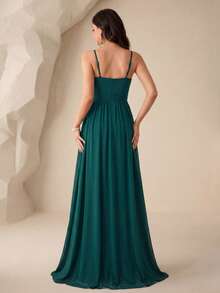 UNITHORSE Vestido de dama de honor de un solo color con abertura alta y tirantes de espagueti para boda - Verde Oscuro - Ver 2