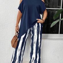 Holidaya Plus Size Blue Casual Loose Cold Shoulder Two Pieces Set, For Summer - Café integral - Ver 2
