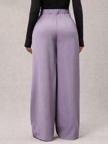 Pantalones anchos de pierna ancha de color café oscuro de moda minimalista para mujeres, pantalones de oficina de pierna ancha de color marrón para mujeres con cintura alta, pantalones de traje marrón para otoño/invierno - Púrpura polvoriento - Ver 2