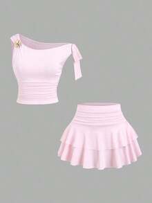 Conjunto de top de tirantes y minifalda plisada y con decoración de flores metálicas para mujer, ideal para el verano - Rosa - Ver 9