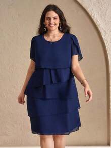 Reflora Vestido de moda con cuello redondo, mangas con volantes y estampado floral para mujer de talla grande - Azul marino - Ver 3