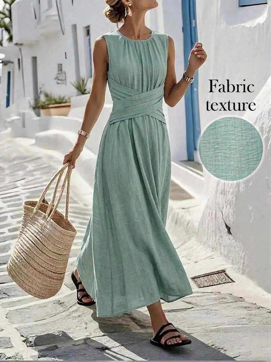 Vestido casual sin mangas de color verde oliva para mujer con diseño de cintura cruzada, estilo minimalista que muestra elegancia, adecuado para uso diario, té de la tarde, reuniones casuales y viajes de negocios ligeros - verde menta - Ver 1