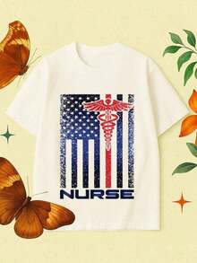 Camiseta Gráfica de Enfermera con Bandera de EE. UU. para Mujer - Ropa Temática de Enfermería con Diseño de Bandera y Estetoscopio, Camiseta Casual de Manga Corta y Cuello Redondo para Profesionales de la Salud, Atuendo Casual de Primavera Verano, Ropa de Trabajo Cómoda y Transpirable para Enfermeras - Blanco - Ver 1