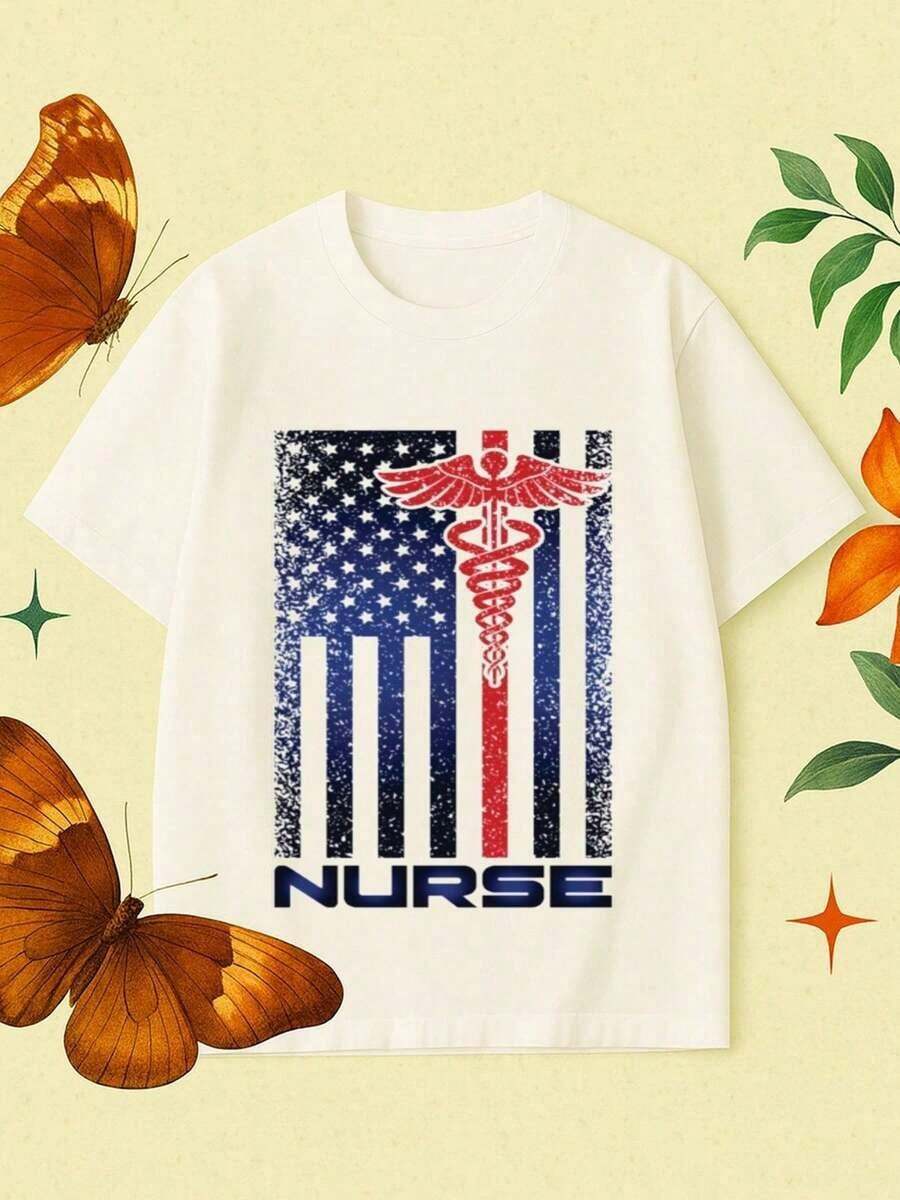 Camiseta Gráfica de Enfermera con Bandera de EE. UU. para Mujer - Ropa Temática de Enfermería con Diseño de Bandera y Estetoscopio, Camiseta Casual de Manga Corta y Cuello Redondo para Profesionales de la Salud, Atuendo Casual de Primavera Verano, Ropa de Trabajo Cómoda y Transpirable para Enfermeras - Blanco - Ver 1