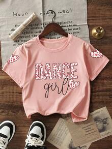 2pcs Tween Girl Crew Neck Short-Sleeve T-Shirts With All-Over 'DANCE' And Heart Print Patterns And A Pair Of All-Over Printed Shorts, New Summer Set - Pink - View 5