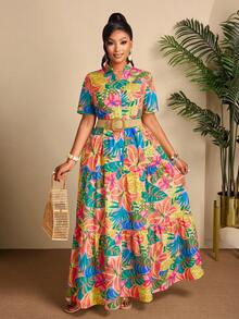 BIUBIU Plus Size Vibrant Tropical Vacation Dress, Short Sleeve V-Neck Button Down Dress With Ruffle Hem, Suitable For Holiday Wear Elegant Summer - Color - View 5