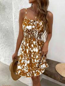 mini con estampado floral vintage, tirantes, versátil y estilizador, ideal para vacaciones - Caqui 2 - Ver 4