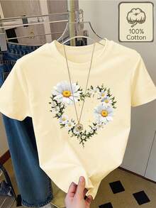 Top femenino manga corta cuello redondo en algodón puro, diseño estampado moderno, tela fresca y aireable, prenda versátil para look casual, ocasiones diarias y encuentros sociales todo el año - [Amarillo claro] - Ver 8