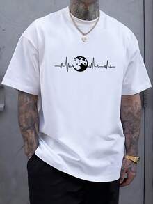 Plus Size Summer Graphic Print Short Sleeve T-Shirt, Versatile Men's Base Layer T-Shirt - 白色 - 查看 1