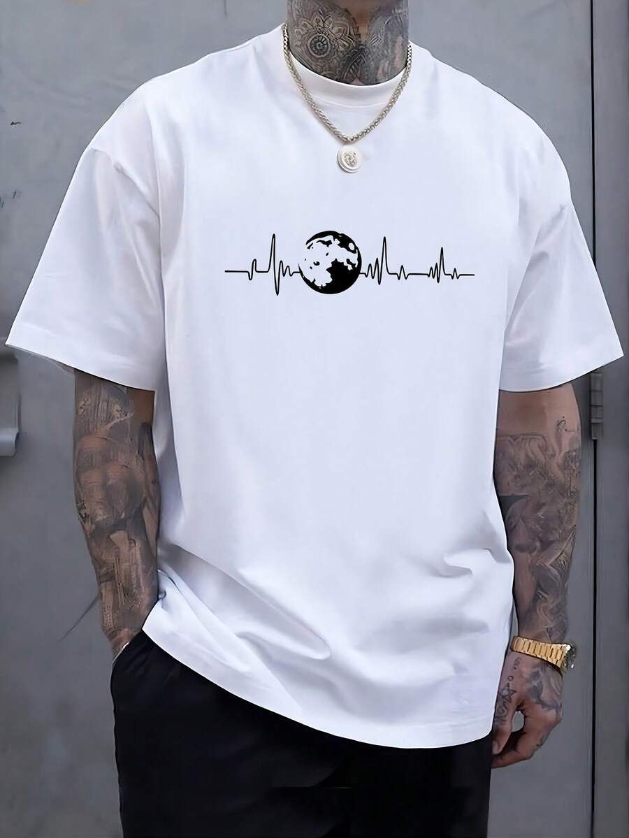 Plus Size Summer Graphic Print Short Sleeve T-Shirt, Versatile Men's Base Layer T-Shirt - 白色 - 查看 1