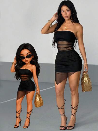 AITYI Studio Women's Dress, Strapless Double-Layer Mesh Cooling Design, Minimalist Casual Comfortable Sexy Versatile Y2K Bombshell Vacation Date Outfit, Suitable For Graduation Season, Back To School, Carnival, Independence Day, Mother's Day, Summer Black Mesh Knit Dress