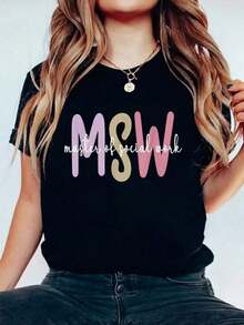 Camiseta de algodón de manga corta informal de verano para mujer, con estampado gráfico, cuello redondo, estilo callejero vintage, unisex, holgada, 100% algodón puro, para graduación de trabajador social (MSW). - Negro - Ver 1