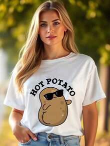 Papa Caliente Con Gafas De Sol Y Texto HOT POTATO Camiseta Estampada Para Mujer Diseño Divertido Y Casual Ideal Para Vacaciones Fiestas Y Uso Diario 220g-Vintage Street Style Unisex Loose Cotton Short Sleeve Crew Neck T-Shirtblusas para mujer, playeras de mujer,blusas casuales para dama, - Blanco - Ver 5