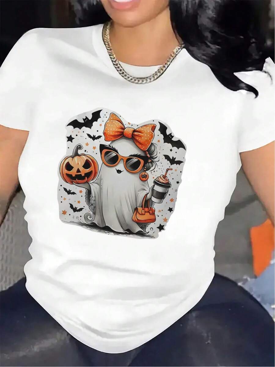 OversizeCamiseta de manga corta para Halloween, con un lindo diseño de fantasma, es perfecta para la decoración del hogar, duradera y cómoda, y una opción ideal para reuniones en interiores y ocasiones festivas. Es una prenda elegante y transpirable. - Blanco - Ver 1