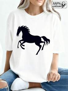 Camiseta con estampado de caballo blanco para uso casual - Blanco - Ver 2