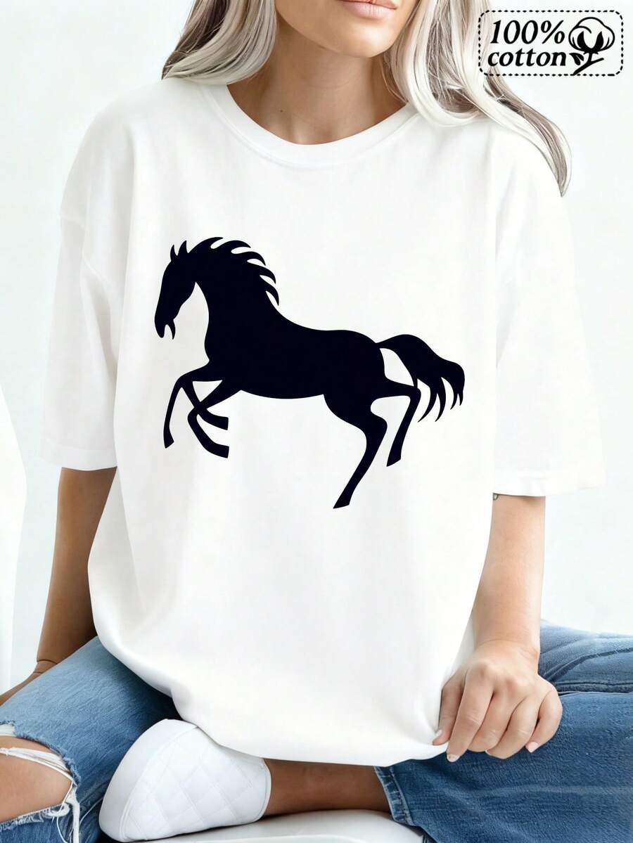 Camiseta con estampado de caballo blanco para uso casual