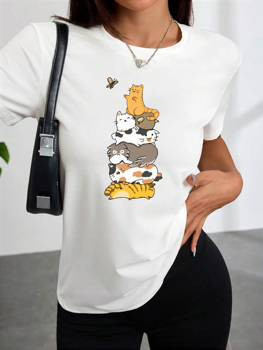 Camiseta de moda de mujeres blanca estamp delanterila de gatos lindos y maosa cómodo desgaste casual para las salidas cotidianas y el ocio