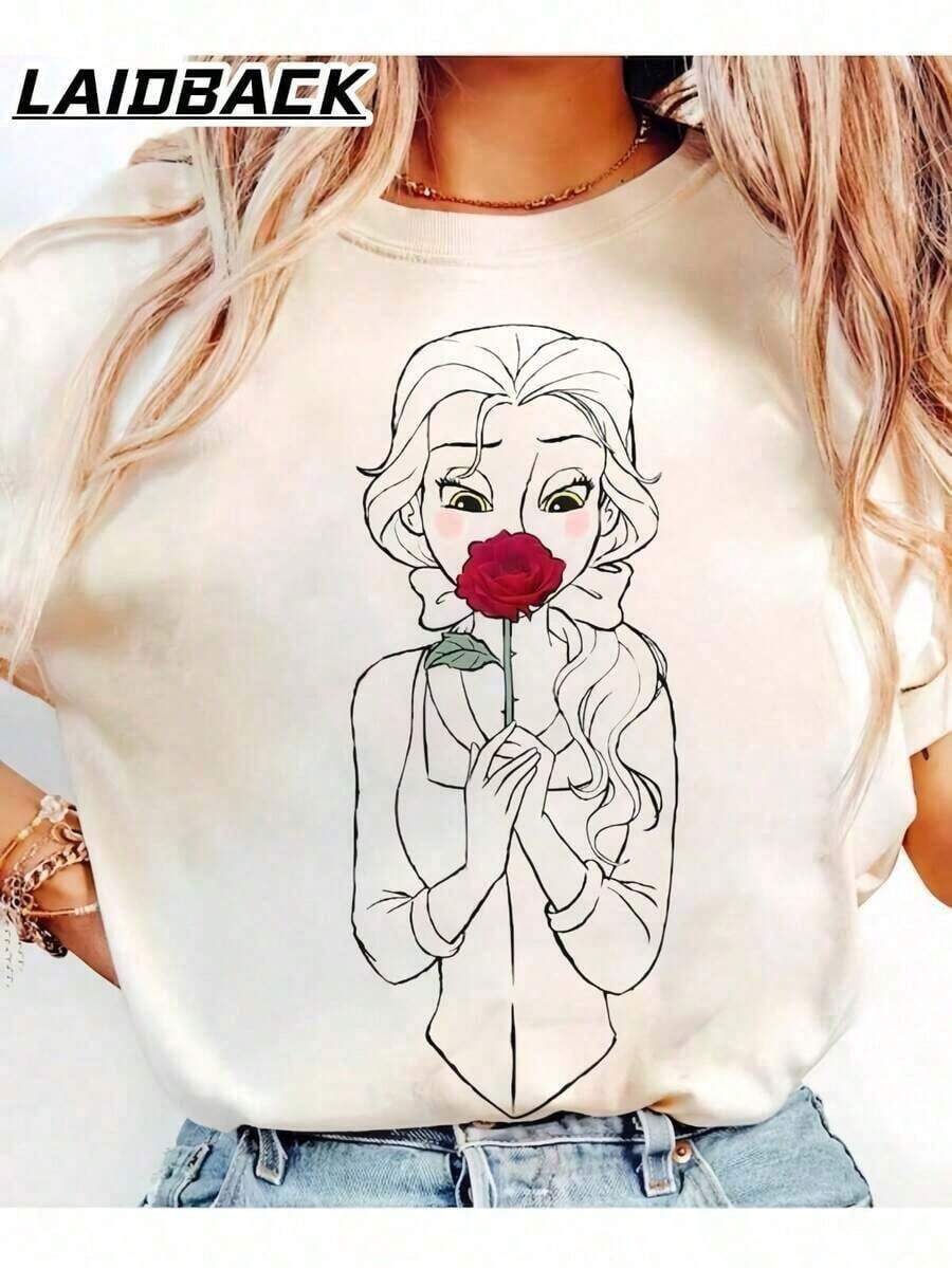 Women's Summer T-Shirt, Loose Fit, With A Princess And Rose Graphic Print, Relaxed Style, Unisex, Short Sleeves, Crew Neck, Whimsical Fairytale Style, Minimalist Line Art Design, Perfect For Movie Nights, Casual Outings, Everyday Wear, And For Fans Of Fairytale Style, Ideal Gift For Gen Z, Comfort Lovers, Soft And Breathable Cotton Fabric, White. Plus Size Clothing For Outdoor Outings, Suitable For Both Men And Women. - 白色 - 查看 1