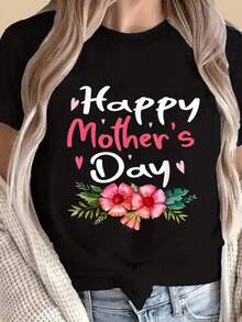 Camiseta de mujer de moda para el D￭a de la Madre - Parte superior de manga corta con estampado de letras "Mam£" y "Madre", camisa casual de primavera/verano, adecuada como regalo, camiseta de unicolor lavable a m£quina, apta para uso durante todo el a￱o, c￳moda para uso diario, 100% algod￳n - Negro - Ver 2