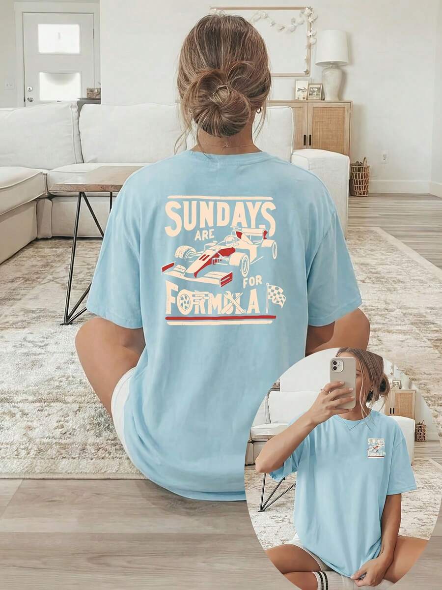 [Double-Sided Print] Women T-Shirt, Racing Cars "SUNDAYS ARE For FORMULA" Text, Casual Summer Short Sleeve Tee, High Quality - Sky Blue - View 1