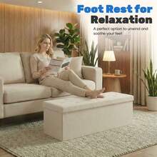 43 Inches Folding Storage Ottoman Bench, Storage Chest, Foot Rest Stool, Bedroom Bench With Storage, Beige - 米色 - 查看 3
