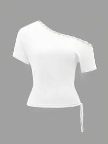 Vaiaye Kaos Wanita Longgar Kasual Leher Bulat Satu Bahu, Kaos Slim Fit dengan Dekorasi Kerang, Atasan Off-Shoulder Musim Semi/Panas Warna Putih - Putih - View 3