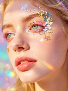 1pc Rhinestone Eye Jewel Sticker - Half Eye Pink & Blue Floral Rhinestone Sticker, Self-Adhesive Face Gems, Suitable For Eye Makeup, Music Festivals, Parties And Outings, Convenient Reusable Decoration To Enhance Eye Makeup,Rhinestone Face Sticker - Multicolor - View 6
