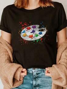 Camiseta Casual 100% Algodón con Diseño de Pintura Artística, Ilustración de Paleta de Colores, Estilo Vintage Urbano, Unisex, Holgada, de Manga Corta y Cuello Redondo, 100% Algodón Puro - Negro - Ver 5