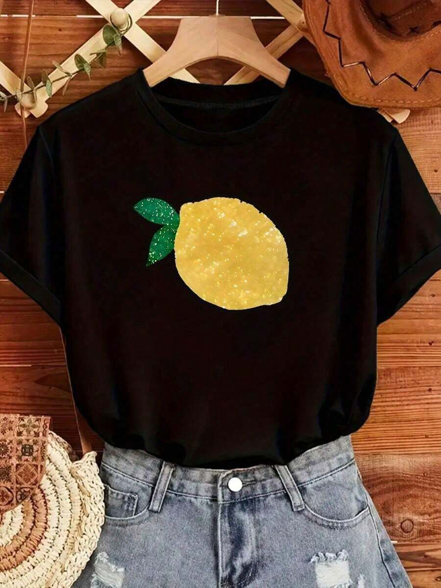 Gift | 100% Pure Cotton And Breathable | 1pc Fashionable Women's Round Neck Short Sleeve T-Shirt With [Lemon] Print, Comfortable And Stylish T-Shirt Suitable For Casual Daily Wear - 黑色 - 查看 1