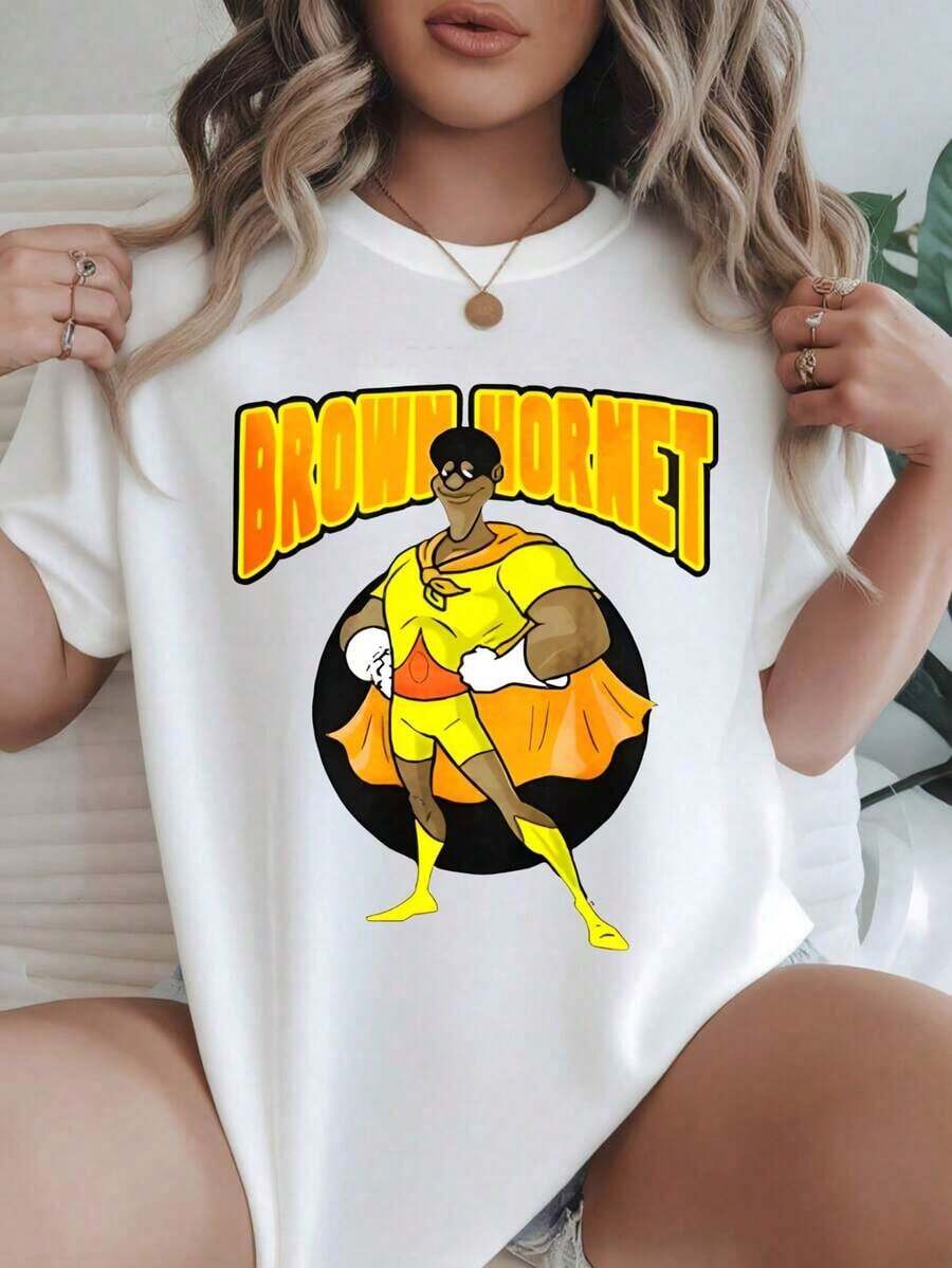 Camiseta Casual de Manga Corta para Mujer - Personaje Superhéroe Hornet Marrón con Traje Amarillo, Cuello Redondo, Top de Verano, Lavable a Máquina, Camisetas para Damas, Ropa Casual, Estilo Moderno, Ajuste Cómodo
-Blanco - Blanco - Ver 1