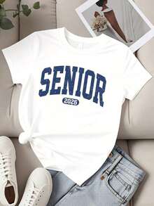 Camiseta de Cuello Redondo para Mujer, Estampado "Senior 2026", Manga Corta, para Fiesta de Graduación, Celebración, Ropa Casual - Blanco - Ver 2