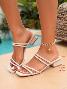 Summer Campus Style French Thick Heel Strap Sandals, Versatile Thin Strap Roman Slippers For Girls - Beige - View 8