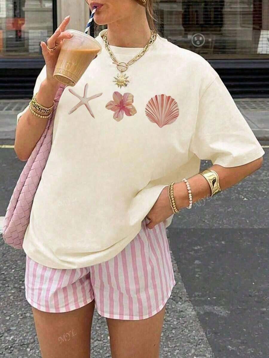 1 Piece Of Women's Short-Sleeved T-Shirt, Casual Summer Style With Seashell And Starfish Print, Round Neck, Apricot Color, Everyday Top, Suitable For Daily Wear On Vacation. White Printed T-Shirt For Women - 杏色 - 查看 1
