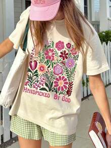 Women's Short-Sleeved T-Shirt With A Round Neck And Sheep Slogan Print, New For Summer, Simple, Fashionable, And Versatile, Suitable For Everyday Wear. Available In White, Black, And Pink. Unisex Cotton Short-Sleeved Round-Neck T-Shirt, Casual Vintage Urban Style. - 杏 - 查看 6