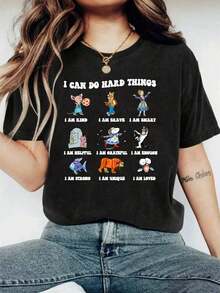 Top de verano estilo Y2K, camiseta suave 100% algodón puro, camiseta divertida y linda con estampado de la frase "I Can Do Hard Things": Camiseta de mujer con estampado de letras de dibujos animados de un libro infantil, adecuada para diversas ocasiones, como regalo para festivales, cumpleaños, festivales de música, casual y versátil, cómoda, para vacaciones en la playa, sencilla y a la moda, adecuada para el uso diario de mujeres y niñas. - Negro - Ver 7