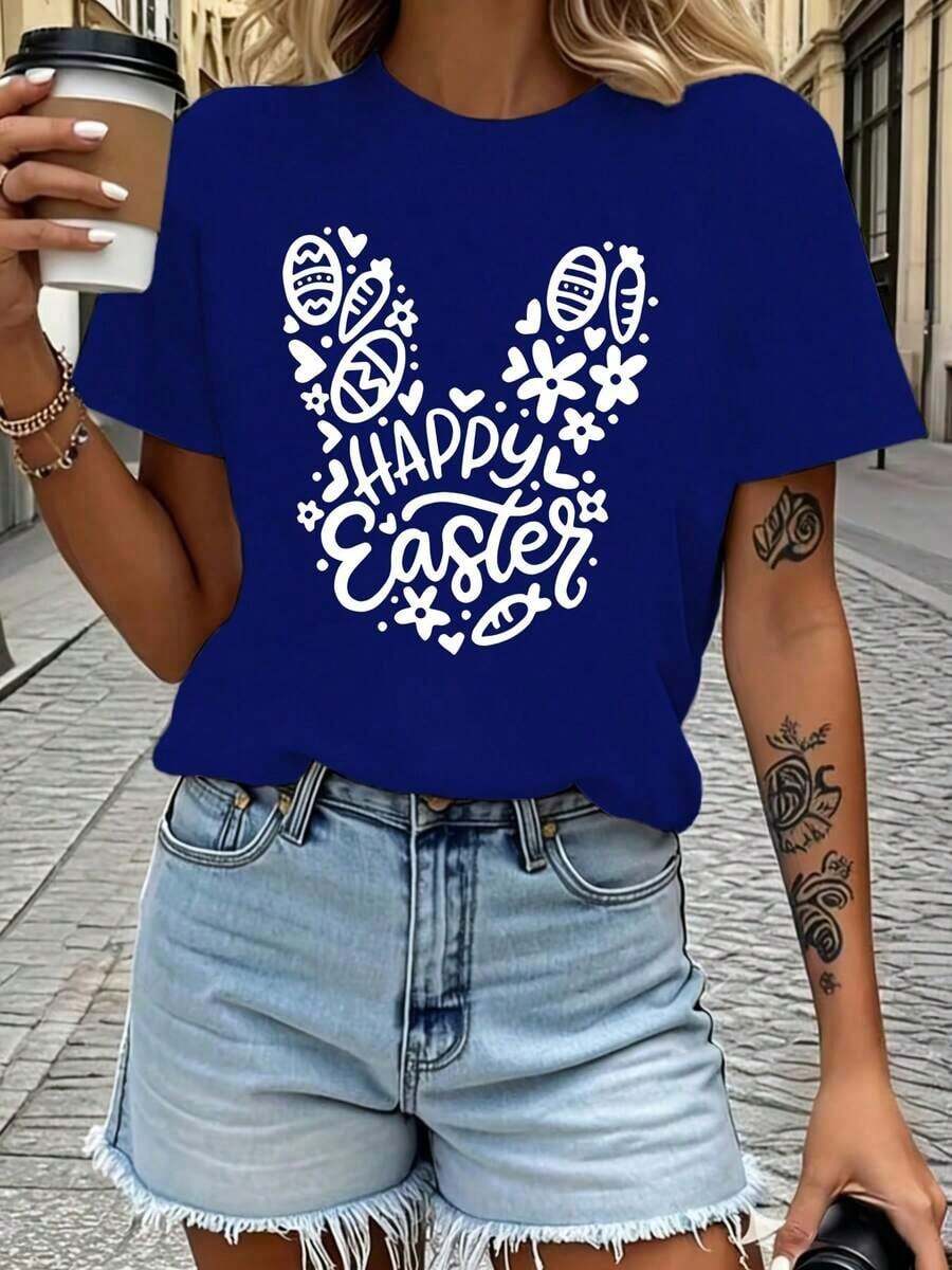 Women's Casual Summer T-Shirt, 100% Premium Cotton With Easter Theme Print, Rabbit And Egg Design, Breathable Shirt For Spring/Summer/Autumn (Machine Washable), Suitable For Casual Sportswear Outfits, Women's Pure Cotton Short Sleeve T-Shirt, Women's Round Neck T-Shirt - Unisex Loose And  Cotton Short Sleeve T-Shirt. - 藍色 - 查看 1