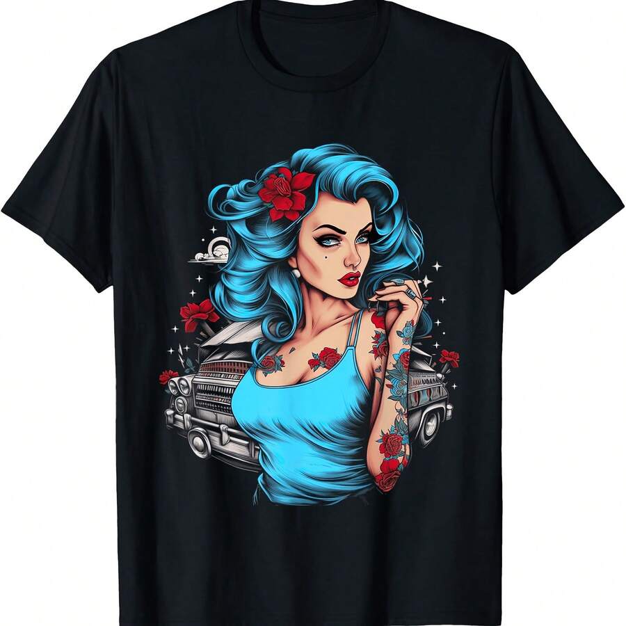 Pinup Girl Pin Up Vintage Retro American Woman T-Shirt - Black - View 1