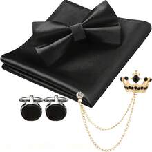 Conjunto de corbata de moño anudada de unicolor, pañuelo de bolsillo, gemelos y broche de solapa para hombres (Corbata de moño + Pañuelo de bolsillo + Gemelos + Broche de cadena colgante) - Multicolor - Ver 1