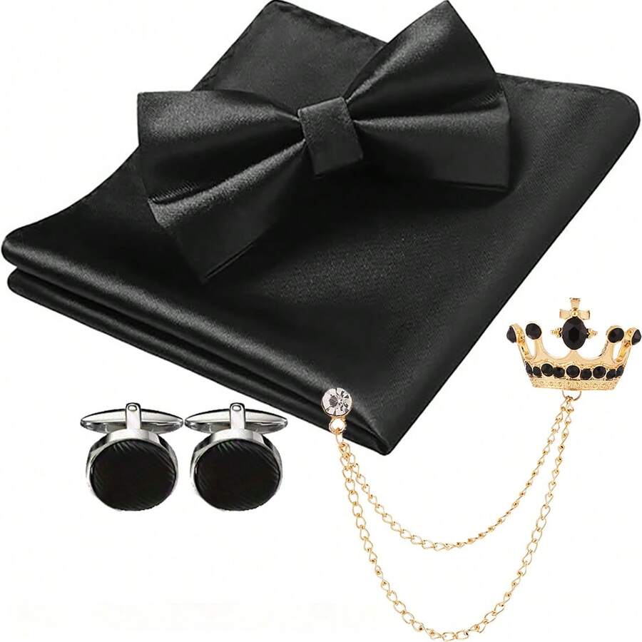 Conjunto de corbata de moño anudada de unicolor, pañuelo de bolsillo, gemelos y broche de solapa para hombres (Corbata de moño + Pañuelo de bolsillo + Gemelos + Broche de cadena colgante) - Multicolor - Ver 1