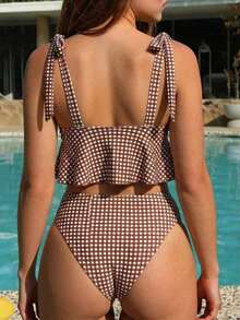 Mod Conjunto de traje de baño de 2 piezas para mujer con top corta de tirantes finos con estampado de cuadros y nudo delantero, y Bottom tipo bikini con cordón en la cintura, para verano - Marrón - Ver 2